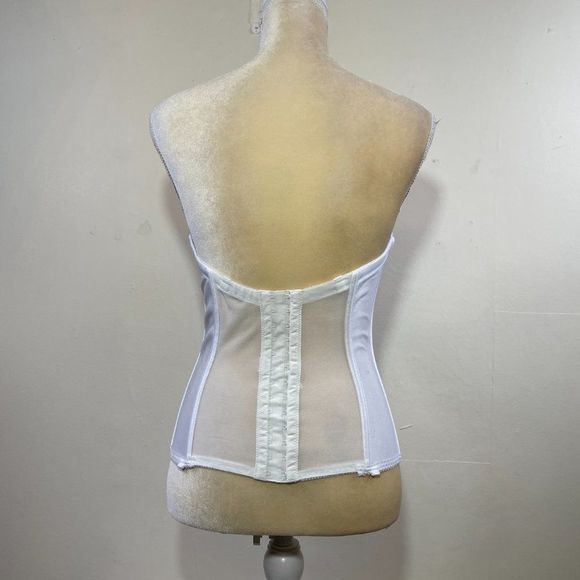 Dominique White Satin & Stretch Mesh Boned Strapless Low Back Bustier Size 34D - Picture 4 of 8